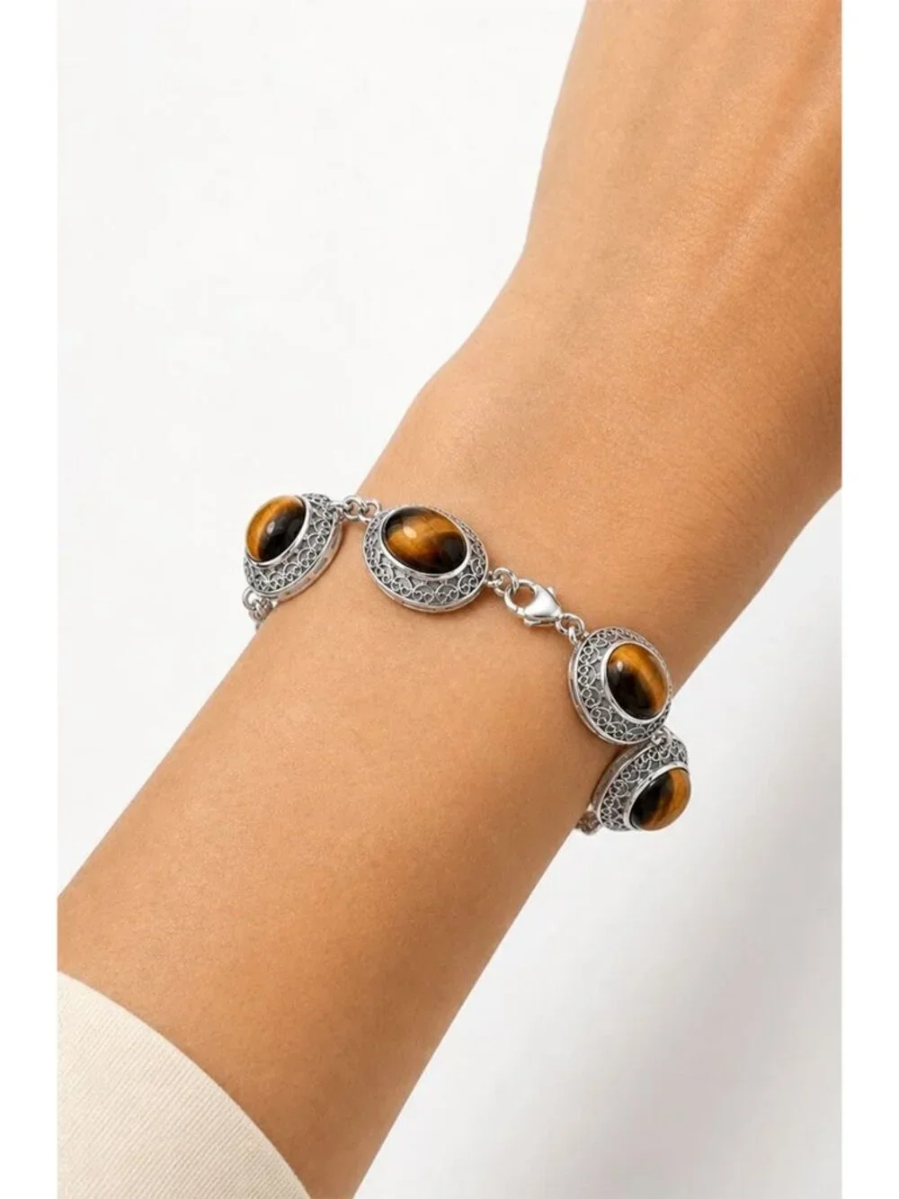 Genuine 34.86 Cts Tiger's Eye Tennis Bracelet .925 Silver